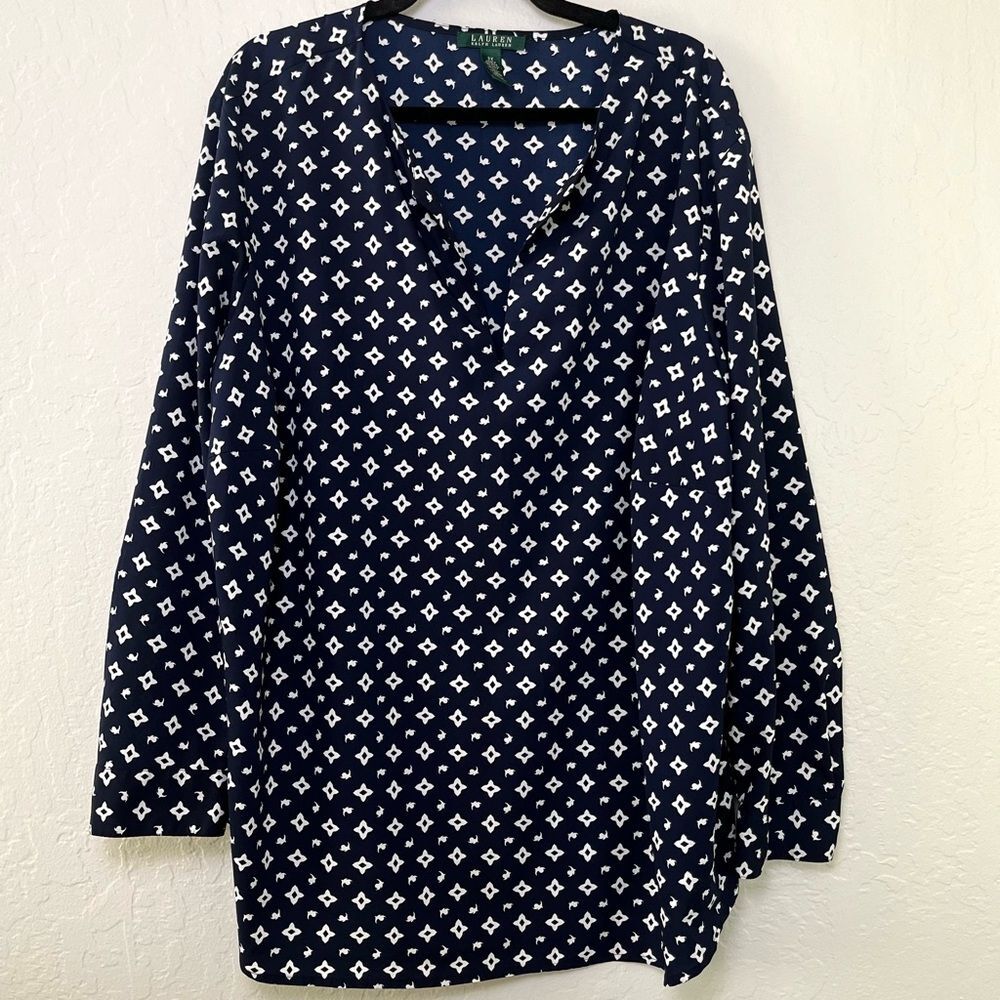 Lauren Ralph Lauren 3X Plus Size Navy Blue White Geometric Print V-Neck Blouse
